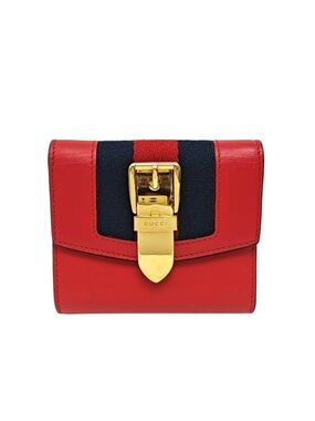 Authentic GUCCI Sylvie Web Accent Compact Leather Trifold Wallet Gold EUC